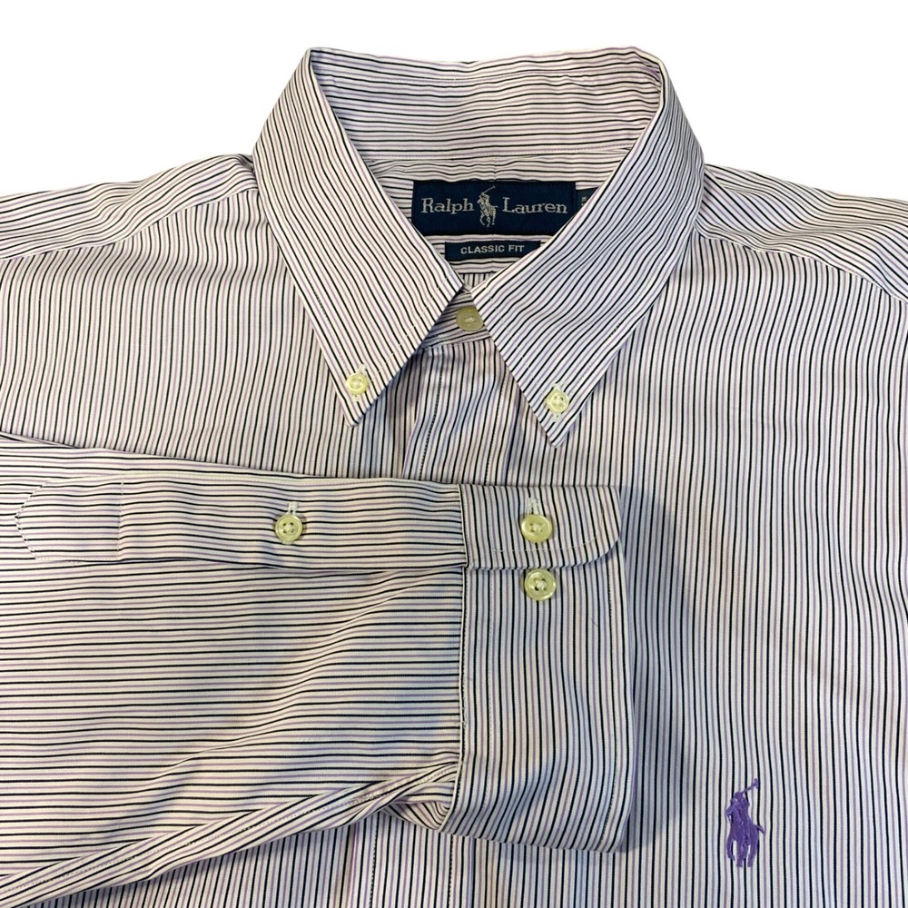 Ralph Lauren Classic Fit Mens 16.5 32/33 Striped Cotton Button Down Shirt Purple